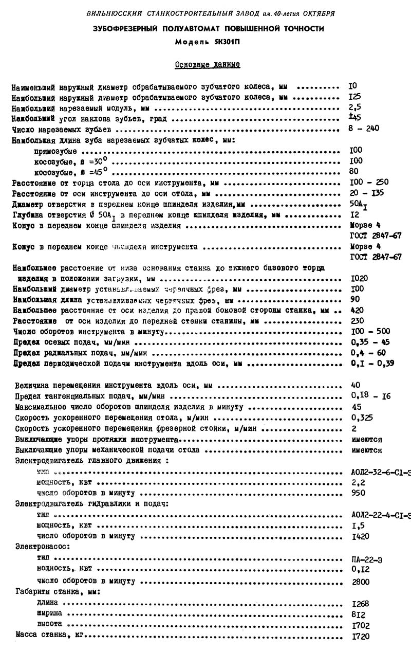 Технічні характеристики зубофрезерного верстата 5К301П